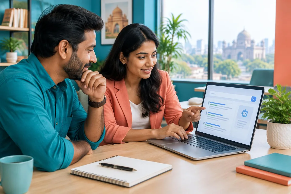 Illustration of Indian business professionals reviewing search results on a laptop